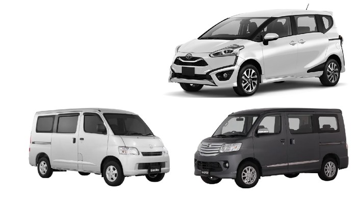 Pilihan low MPV pintu geser Toyota Sienta (atas), Daihatsu Gran Max (kiri), dan Daihatsu Luxio (kanan)
