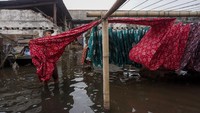 Menurut perajin setempat, banjir rob yang menggenangi wilayah itu sejak tiga pekan yang lalu membuat produksi batik terhambat.
