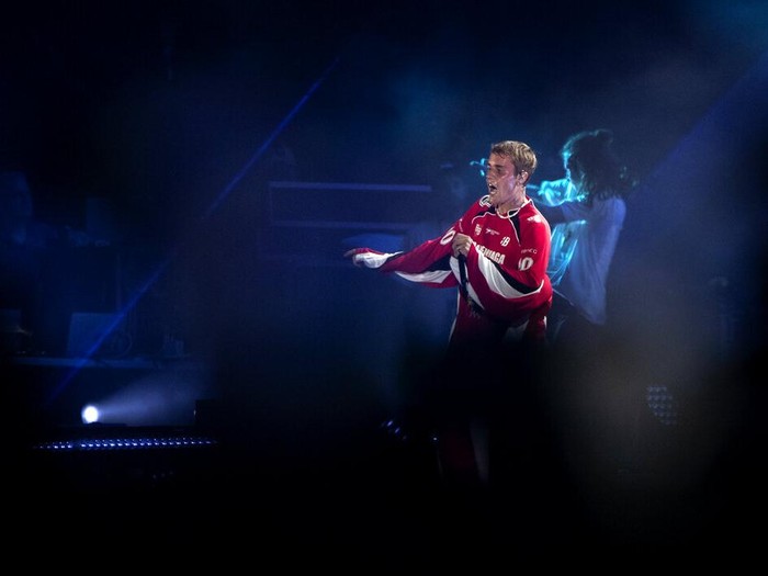 Canadian pop star Justin Bieber performs at a concert marking the end of the Formula One, in Jiddah, Saudi Arabia, Sunday, Dec. 5, 2021. (AP Photo/Amr Nabil)