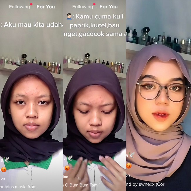 Kemudian ia menunjukkan skill makeupnya. Penampilannya berubah dalam sekejap setelah makeup. Ia tampil feminin dengan makeup flawless dan bikin pangling. Foto: Dok. Tangkapan layar akun TikTok @doyandiarymilkk.