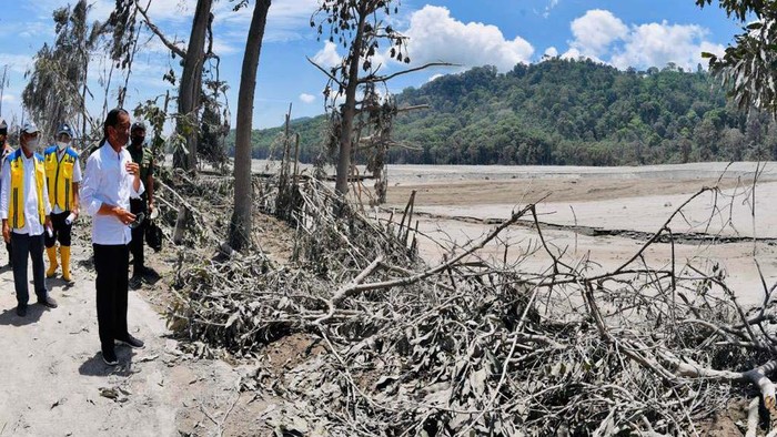 Berkemeja Putih, Jokowi Cek Jembatan Ambruk Imbas Amukan Semeru Presiden Jokowi meninjau Jembatan Besuk Koboan di Kecamatan Candipuro, Kabupaten Lumajang. Jembatan ini runtuh akibat erupsi Gunung Semeru.