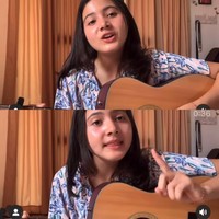 Tak hanya bersuara merdu, Bulan juga piawai memetik gitar yang ia pelajari secara otodidak. Pribadinya yang multitalenta langsung menjadi sorotan warganet. Foto: Dok. Instagram @bulansutena.
