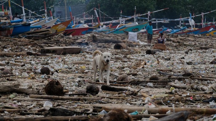 Sejumlah nelayan beraktivitas di tengah tumpukan sampah yang berserakan di Pantai Kedonganan, Badung, Bali, Selasa (7/12/2021). Cuaca ekstrem yang melanda Bali pada Senin (6/12/2021) tersebut menyebabkan sampah plastik, kayu, bambu dan kelapa terdampar di pesisir pantai akibat terbawa gelombang laut sehingga mencemari kawasan pariwisata itu. ANTARA FOTO/Nyoman Hendra Wibowo/foc.