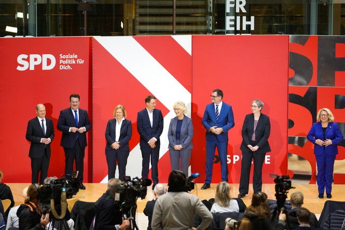 Germany New Government Designated new German chancellor Olaf Scholz presents the ministers of his Social Democratic Party, SPD, for the new German government during a news conference at the party's headquarters in Berlin, Germany, Monday, Dec. 6, 2021. German parliament Bundestag is planning to elect Scholz as new chancellor on Wednesday Dec. 8, 2021. (AP Photo/Markus Schreiber)