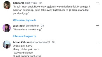 Tagar Reunian Hogwarts sempat ramai. Isinya adalah drama reuni khas Indonesia, tapi dengan setting Hogwarts (Foto: Twitter)
