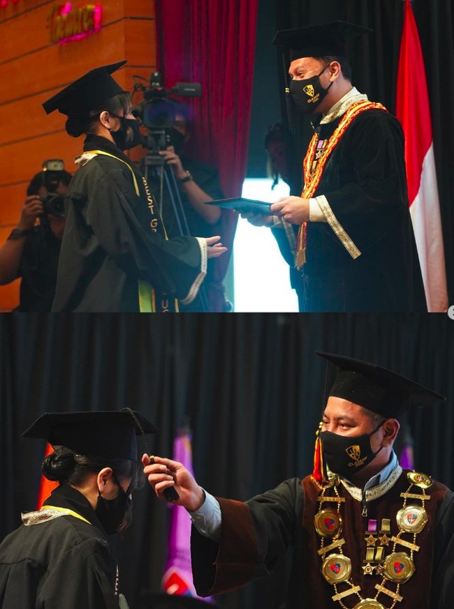 Kala itu dia menyampaikan bahwa lulus dalam waktu 3,5 tahun dan menjadi lulusan terbaik otomatis mendapatkan cum laude. Foto: Instagram Prilly Latuconsina