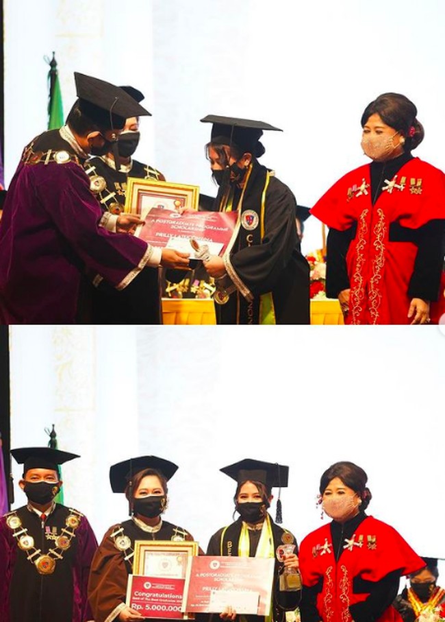 Lebih membanggakannya lagi, Prilly pun mendapatkan gelar sebagai Best of The Best Graduate. Inilah fotonya saat dia menerima piagam dan sejumlah hadiah dari kampusnya itu. Foto: dok. Instagram