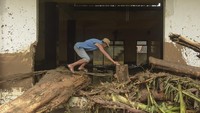 Seorang laki-laki berada di atas tumpukan kayu yang terbawa banjir di Dusun Batulayar Utara.