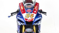 Tampilan depan motor mirip dengan livery yang dipakai Toprak saat berlaga di WSBK 2021. Di atas air intake duct terpasang nomor 56 kebanggaan pebalap asal Turki ini. Foto: Yamaha Racing