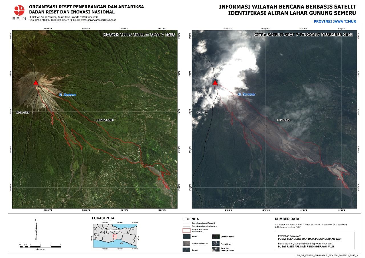 Lapan memperlihatkan foto citra satelit sebelum dan sesudah Gunung Semeru erupsi dilihat dari luar angkasa.