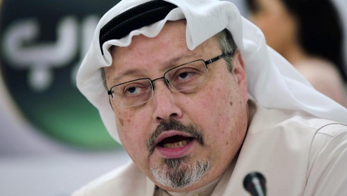 FILE - Saudi journalist Jamal Khashoggi speaks during a press conference in Manama, Bahrain on Dec. 15, 2014. A suspect in the 2018 killing of Saudi journalist Jamal Khashoggi was arrested Tuesday, Dec. 7, 2021 in France, according to a French judicial official. (AP Photo/Hasan Jamali, File)