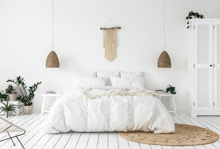 kamar tidur skandinavia Scandi-boho style bedroom, 3d render