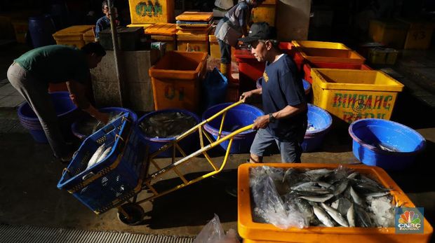 Pekerja melakukan bongkar muat ikan di Pasar Ikan Muara Baru, Jakarta, Kamis (9/12/2021). (CNBC Indonesia/Tri Susilo)