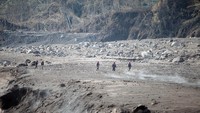 Marinir menyusuri jalur material guguran awan panas Gunung Semeru untuk mencari korban yang tertimbun di Curah Koboan, Pronojiwo, Jawa Timur.