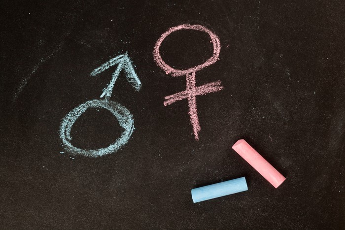 Male and female symbols drawn using chalk on a chalkboard