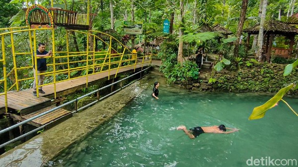 Kondisi ini membuat wisatawan betah bermain di kolam. Mereka juga bisa menikmati terapi ikan di kolam yang terletak di paling atas. (Jalu Rahman Dewantara/detikcom)