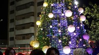 Pengunjung perayaan berfoto dengan latar pohon Natal. Meski Natal masih dua pekan lagi, kegembiraan menyambut hari suci itu sudah terlihat.