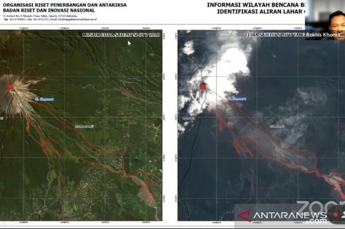 Tangkapan layar citra satelit aliran lahar puncak Gunung Semeru (Antara/Devi Nindy)