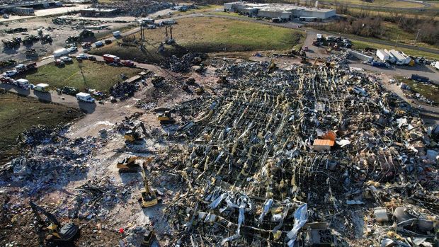 A general view of damage and debris of a candle factory after a devastating outbreak of tornadoes ripped through several U.S. states, in Mayfield, Kentucky, U.S., December 11, 2021. Picture taken with a drone. REUTERS/Cheney Orr
