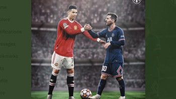 Ronaldo yang sekarang membela MU dan Messi yang membela Messi kembali bertemu, bisa jadi untuk terakhir kalinya. Foto: Twitter