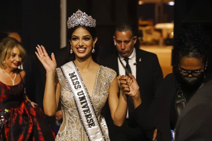 Newly crowned Miss Universe 2021 Harnaaz Sandhu appears during a press conference following the 70th Miss Universe pageant, Monday, Dec. 13, 2021, in Eilat, Israel. (AP Photo/Ariel Schalit)