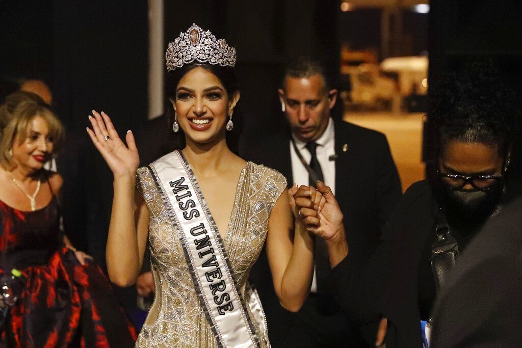 Newly crowned Miss Universe 2021 Harnaaz Sandhu appears during a press conference following the 70th Miss Universe pageant, Monday, Dec. 13, 2021, in Eilat, Israel. (AP Photo/Ariel Schalit)