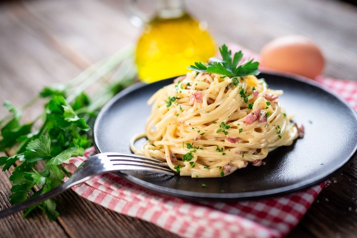 Spaghetti alla carbonara. Pasta with pancetta, egg, parmesan cheese and cream sauce.