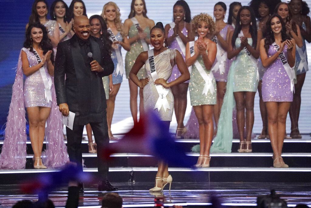 Japan's Juri Watanabe celebrates as she advances to the semifinals of the 70th Miss Universe pageant, Monday, Dec. 13, 2021, in Eilat, Israel. (AP Photo/Ariel Schalit)