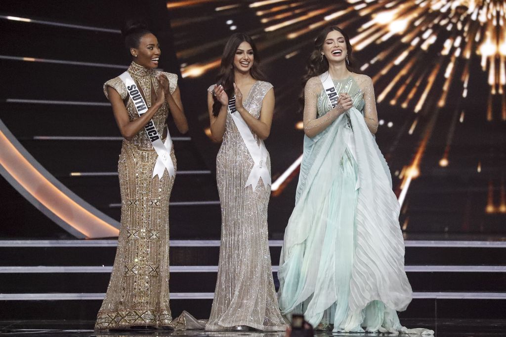 Top 3 Miss Universe 2021 South Africa's Lalela Mswane, from left, India's Harnaaz Sandhu and Paraguay's Nadia Ferreira advance to the top 3 during the 70th Miss Universe pageant, Monday, Dec. 13, 2021, in Eilat, Israel. (AP Photo/Ariel Schalit)