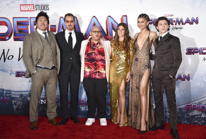 Benedict Wong, from left, Benedict Cumberbatch, Jacob Batalon, Marisa Tomei, Zendaya, and Tom Holland arrive at the premiere of 
