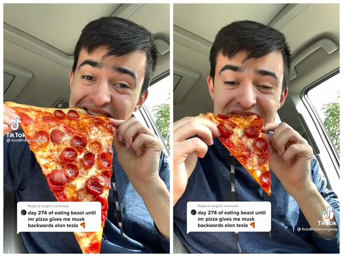 TikToker Makan Pizza Terbalik Tantang Elon Musk Berikan Tesla Gratis