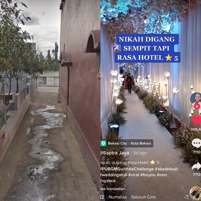 Dekorasi pernikahan di gang sempit ini menjadi sorotan warganet. Pasalnya, gang itu dekorasi bak hotel bintang lima. Mulai dari hiasan lampu, bunga dan areanya yang luas. Video tersebut awalnya diunggah oleh akun TikTok @saptrajaya. Dalam video tersebut ia memperlihatkan dekorasi pernikahan yang membuat warganet penasaran. Foto: Dok. Tangkapan layar akun TikTok @saptrajaya.