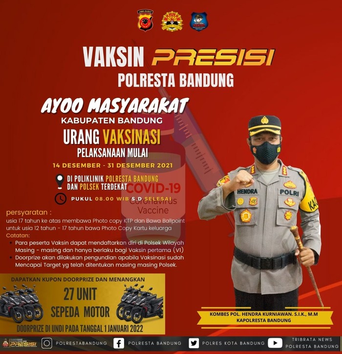 Vaksinasi berhadiah motor digelar Polresta Bandung
