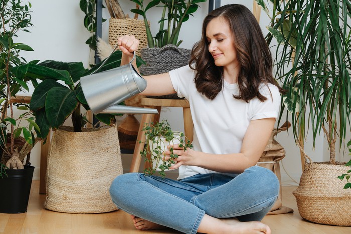 Young happy brunette woman pouring water from watering can on potted plants in her home greenhouse, her little private garden. Shes sitting cross-legged on a floor.