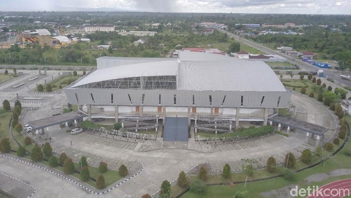 Foto aerial Mimika Sport Complex yang dibangun PT Freeport Indonesia di Kabupaten Mimika, Papua. Pembangunan kompleks olahraga senilai 33 juta dolar AS tersebut diperuntukkan bagi pelaksanaan PON 2020.