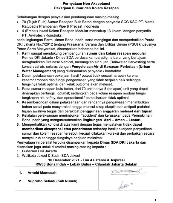 Surat penolakan warga Bona Indah terhadap pengerjaan sumur resapan di lingkungannya. (Dok Arnold Mamesah) Surat penolakan warga Bona Indah terhadap pengerjaan sumur resapan di lingkungannya. (Dok Arnold Mamesah)