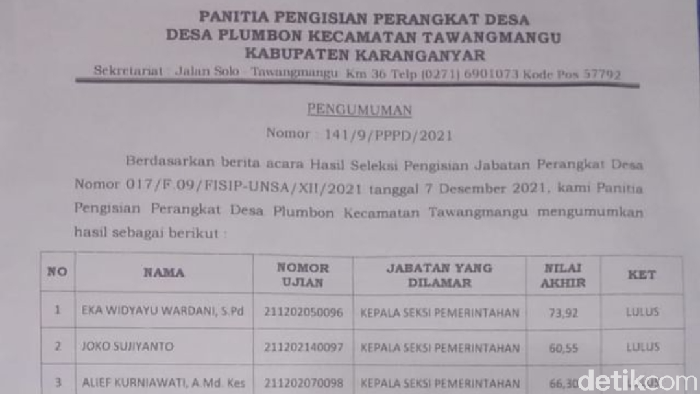Surat terbuka peserta seleksi perangkat desa dengan nilai tertinggi yang kalah dengan anak kades