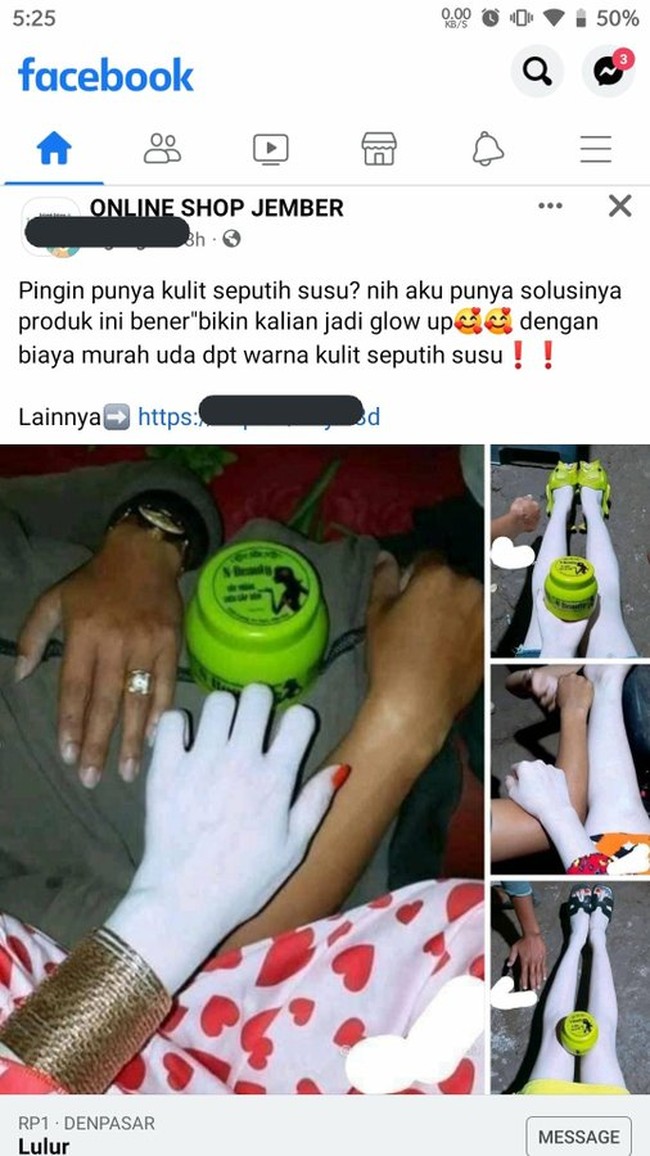 Model krim pemutih yang justru bikin para pembeli jadi takut dan tidak jadi membeli. Bukannya kulit putih bersinar, justru kulit putih pucat yang akan didapat. Foto: twitter.com/@txtdarionlshop