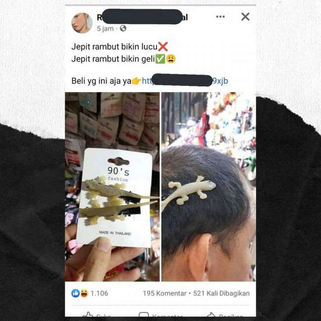 Jepit rambut yang bikin geli. Bukan cuma itu saja, modelnya pun bikin salfok. Bukannya pakai kepala wanita, justru malah pakai kepala bapak-bapak untuk jadi modelnya. Foto: twitter.com/@txtdarionlshop