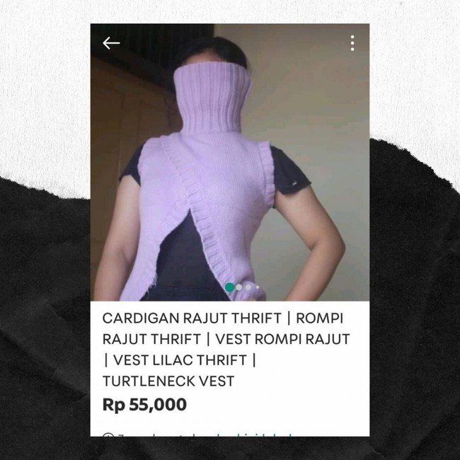 Entah apa maksud sang model pakai cardigannya sampai menutupi kepala. Mungkin ini yang dinamakan cardigan multifungsi yang bisa dijadikan sebagai masker juga. Foto: twitter.com/@txtdarionlshop