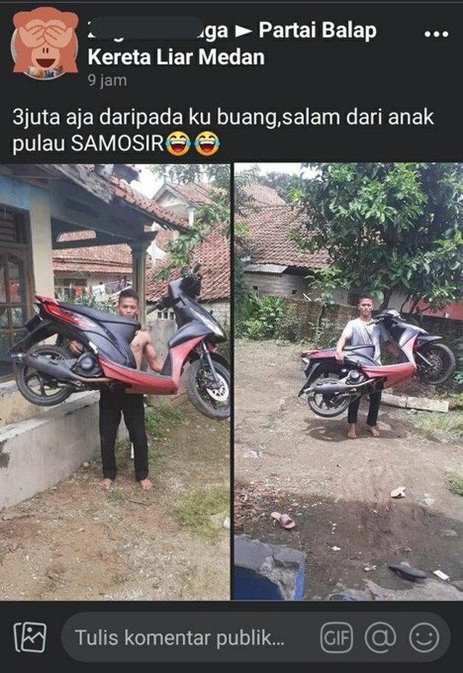 Kalau selama ini kamu melihat model sepeda motor duduk di atas motor saja, maka berbeda dengan yang satu ini. Alih-alih duduk di atas motor, model yang satu ini malah mengangkat motornya. Foto: twitter.com/@txtdarionlshop