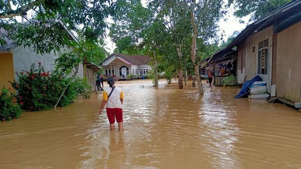 Kondisi banjir yang melanda Kecamatan Sepaku, Kabupaten Penajam Paser Utara, Provinsi Kalimantan Timur pada Jumat (17/12). (dok BNPB)