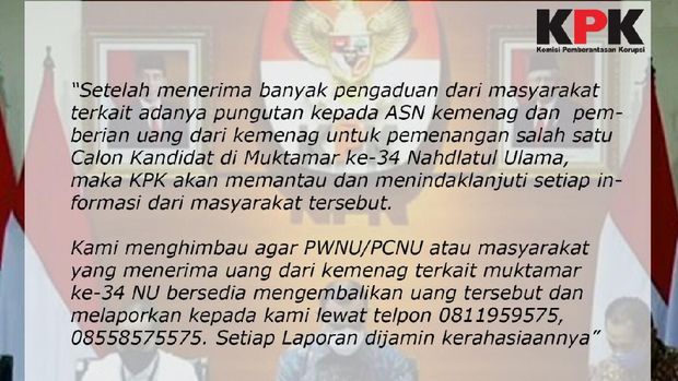 Beredar pesan gambar yang mengatakan KPK melakukan pemantauan terhadap penyelenggaraan Muktamar ke-34 NU.