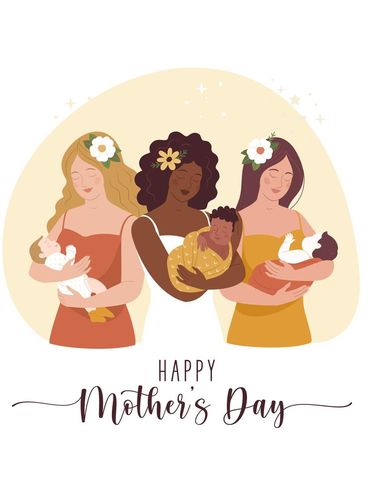 Contoh Kartu Ucapan Hari Ibu Vector illustration of three cartoon diverse young women with a babies in her arms. Calligraphic text. Minimalistic modern style.