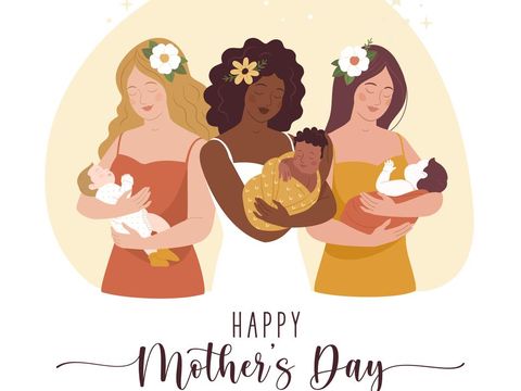 Vector illustration of three cartoon diverse young women with a babies in her arms. Calligraphic text. Minimalistic modern style.