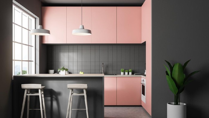 Front view of gray tile kitchen with concrete floor, big window and pink countertops. Bar with stools. 3d rendering copy space