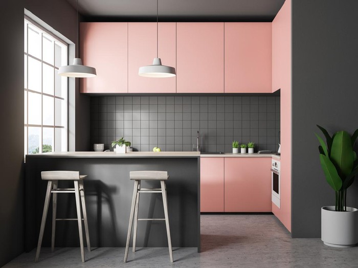 Front view of gray tile kitchen with concrete floor, big window and pink countertops. Bar with stools. 3d rendering copy space