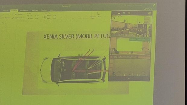 Sidang kasus Km 50. Gambar simulasi penembakan eks laskar FPI, di PN Jaksel, Selasa (21/12/2021).