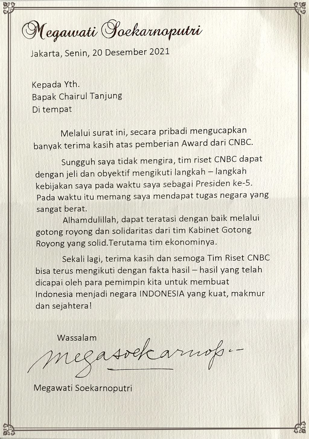 Surat Megawati Soekarnoputri untuk Chairul Tanjung