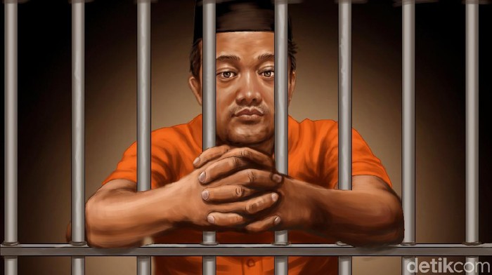 Ilustrasi seseorang mendakam di dalam penjara.